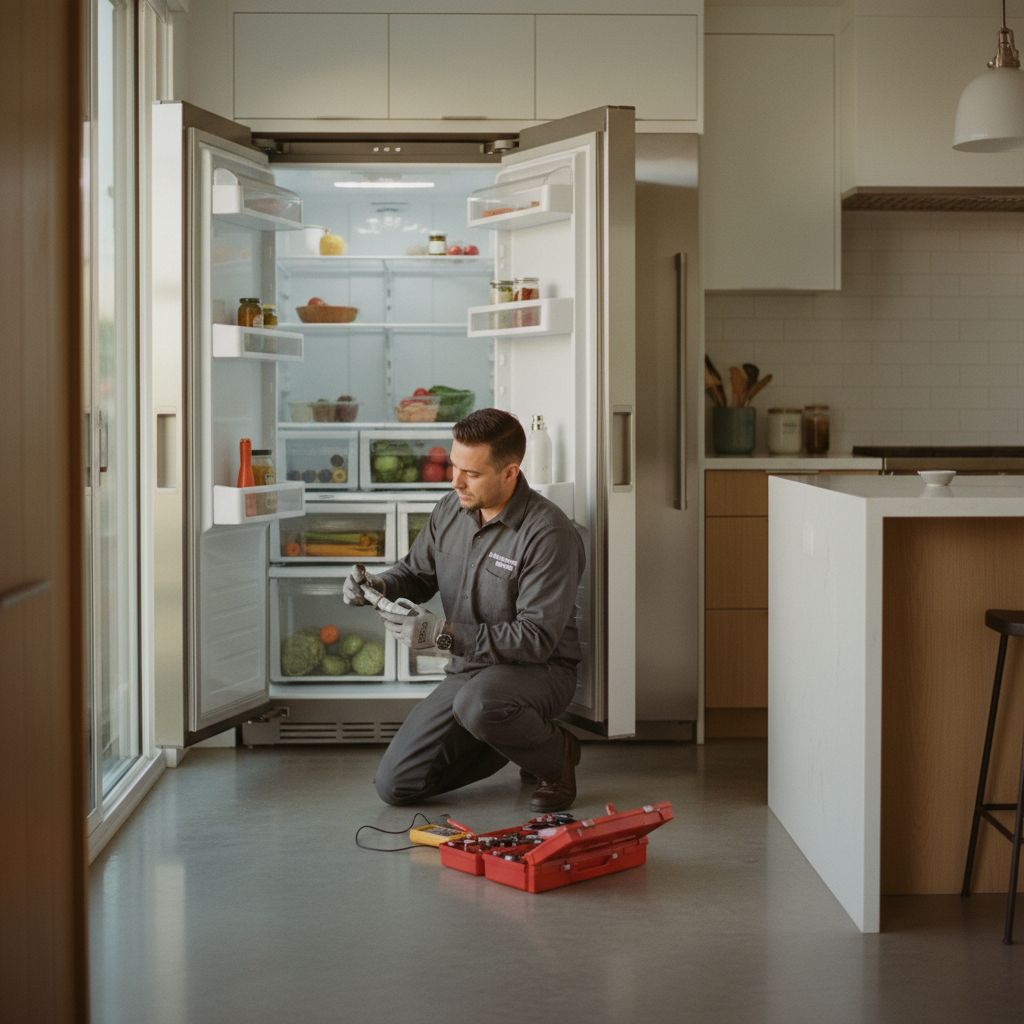 Technician servicing a high-end built-in refrigerator